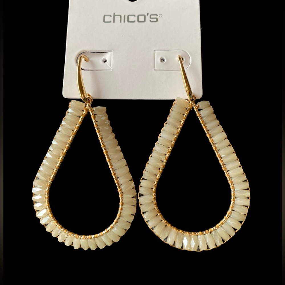 Gold tone with beige, sparkly beads statement dangle earrings